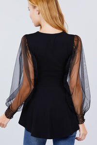 Mesh Puff Sleeve Peplum Top