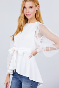 Mesh Puff Sleeve Peplum Top