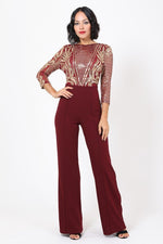 Load image into Gallery viewer, Open Back Gold Sequin Pattern Jumpsuit
