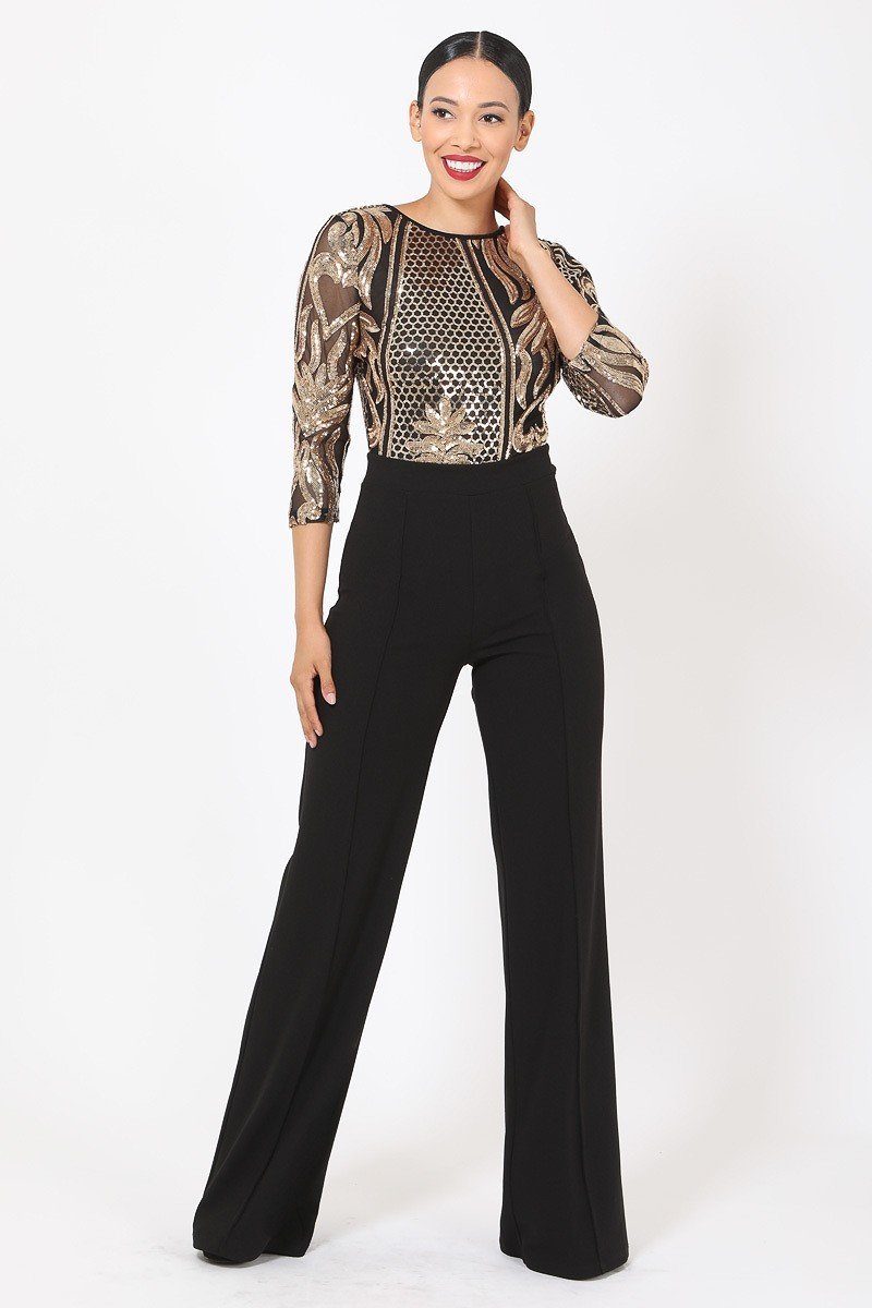 Open Back Gold Sequin Pattern Jumpsuit