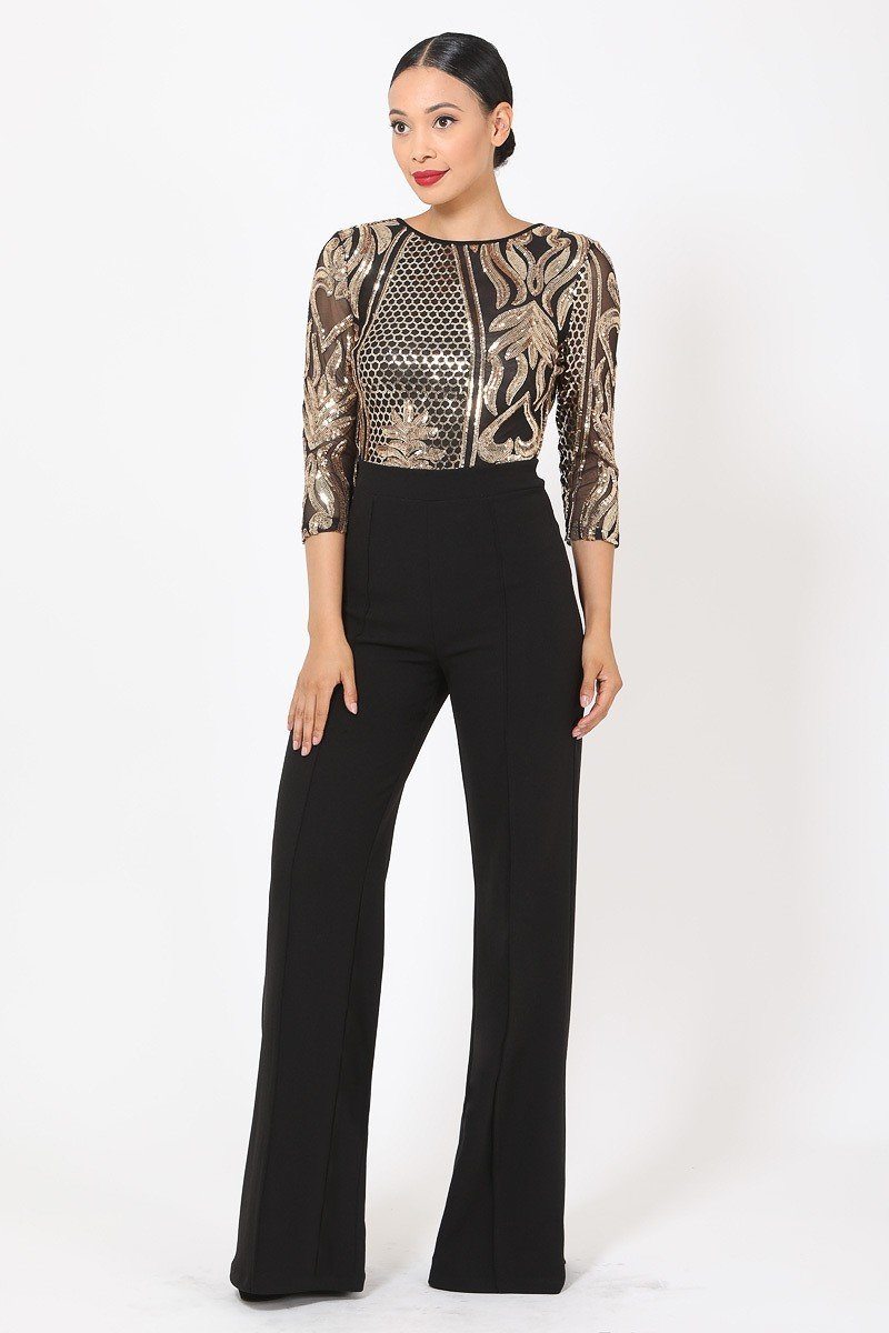 Open Back Gold Sequin Pattern Jumpsuit