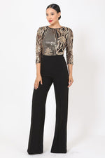 Load image into Gallery viewer, Open Back Gold Sequin Pattern Jumpsuit
