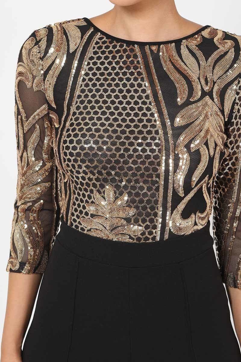 Open Back Gold Sequin Pattern Jumpsuit