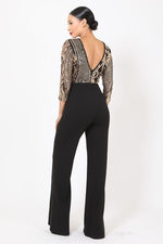 Load image into Gallery viewer, Open Back Gold Sequin Pattern Jumpsuit
