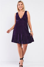 Load image into Gallery viewer, Plus Size Purple Velvet Sleeveless Deep Plunge V-neck Swing Bottom Dress
