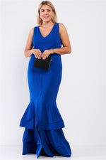 Load image into Gallery viewer, Plus Sleeveless V-neck Front Slip Layered Flare Hem Maxi Mermaid Dress
