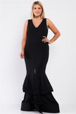 Load image into Gallery viewer, Plus Sleeveless V-neck Front Slip Layered Flare Hem Maxi Mermaid Dress
