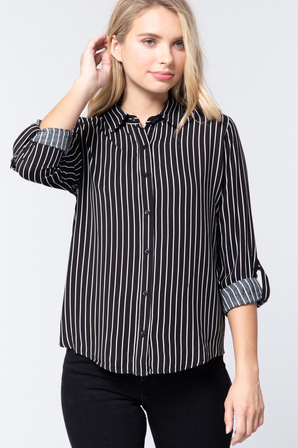 3/4 Roll Up Sleeve Stripe Print Shirt