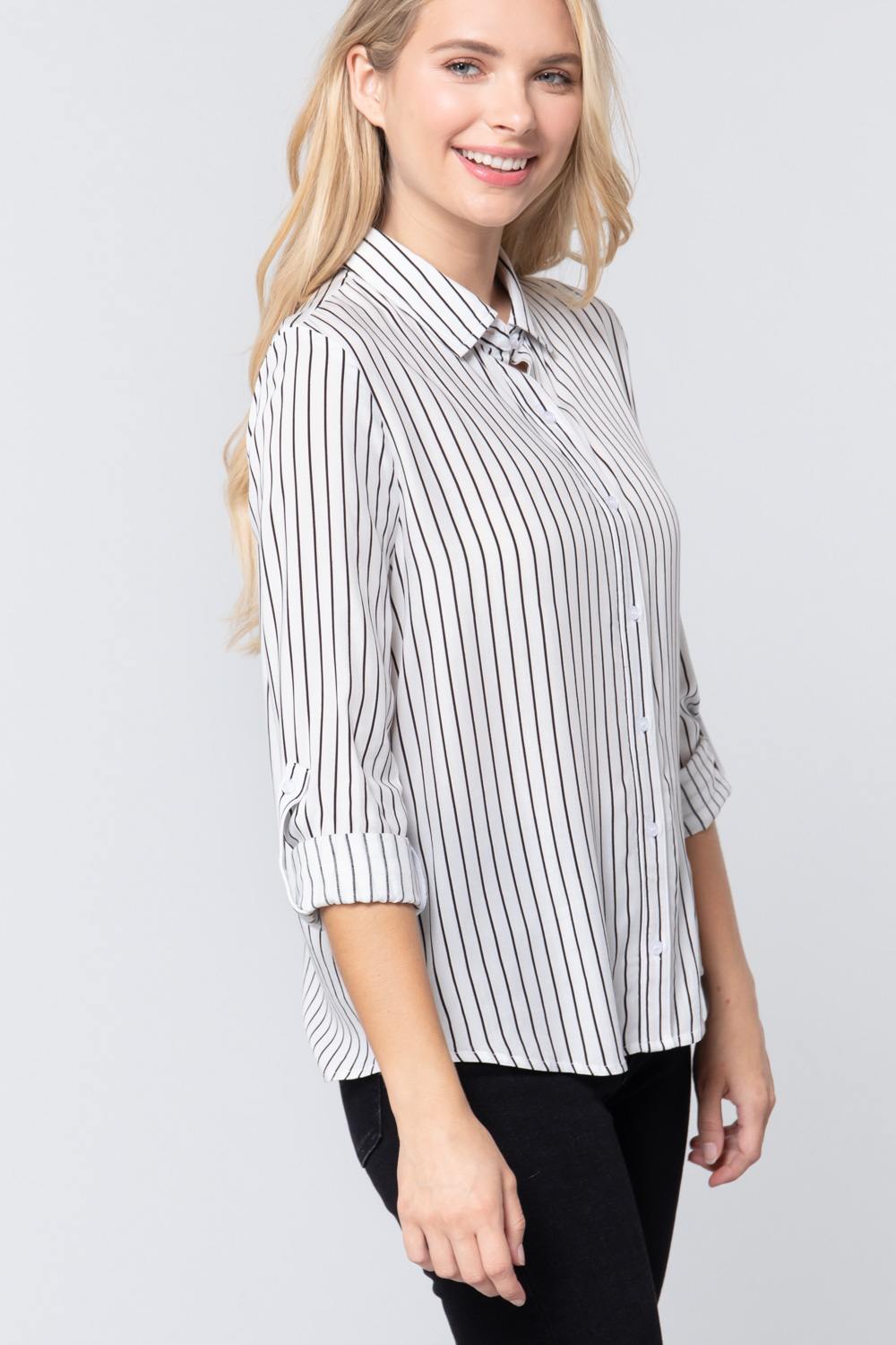 3/4 Roll Up Sleeve Stripe Print Shirt