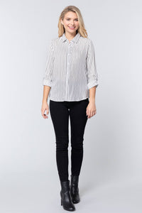 3/4 Roll Up Sleeve Stripe Print Shirt