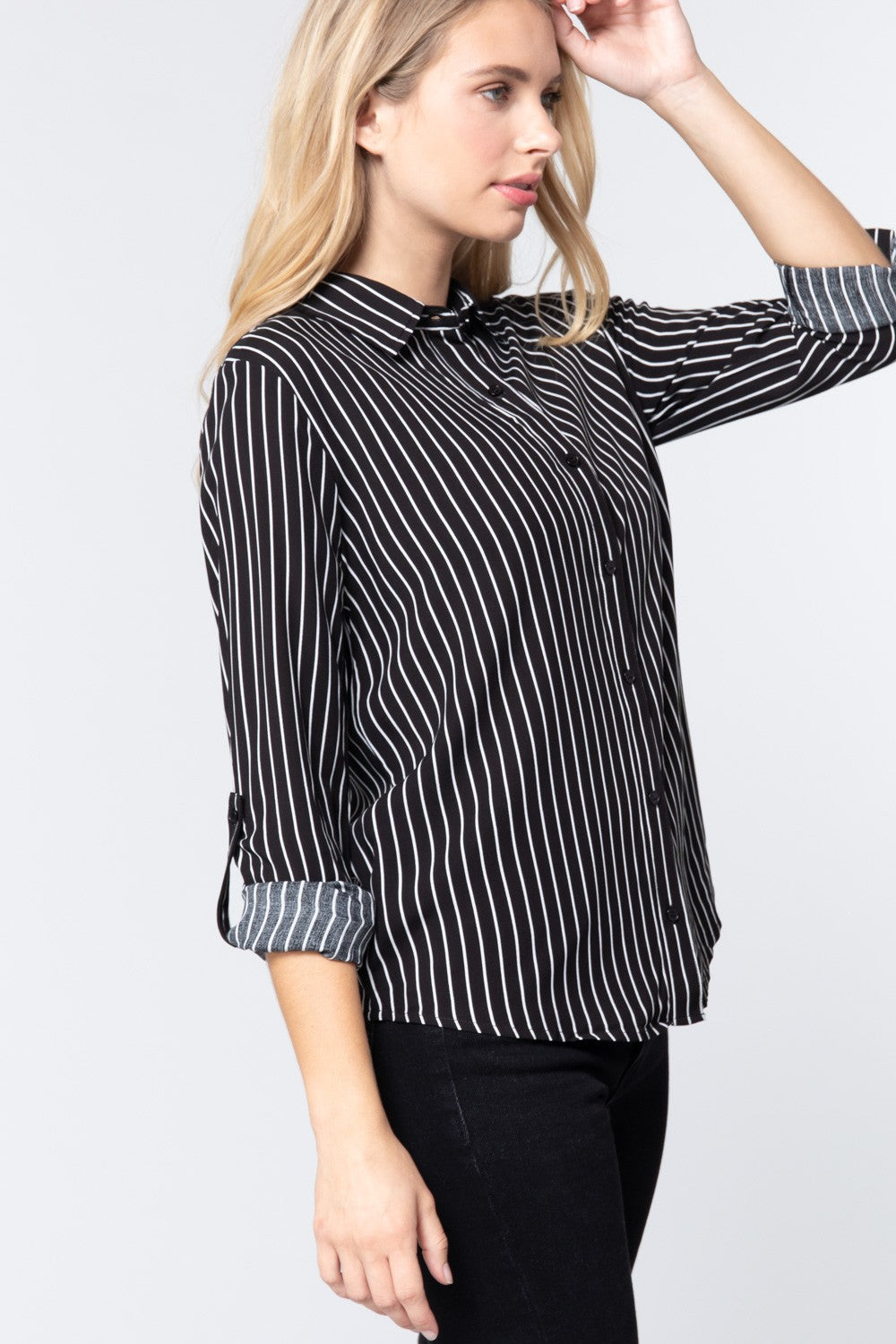 3/4 Roll Up Sleeve Stripe Print Shirt