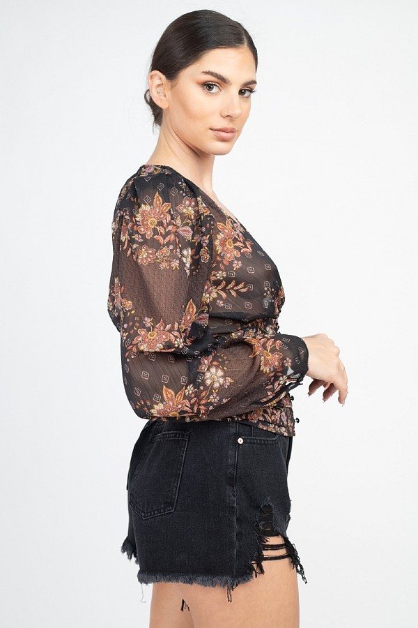 Floral V-Neck Ruched Top