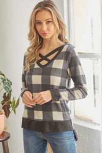 Plaid V-Neck Long Sleeve Top