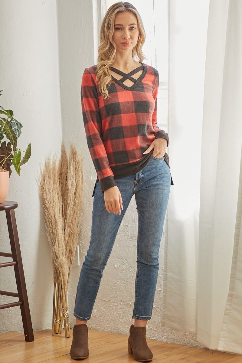 Plaid V-Neck Long Sleeve Top