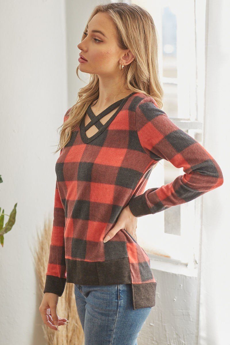 Plaid V-Neck Long Sleeve Top