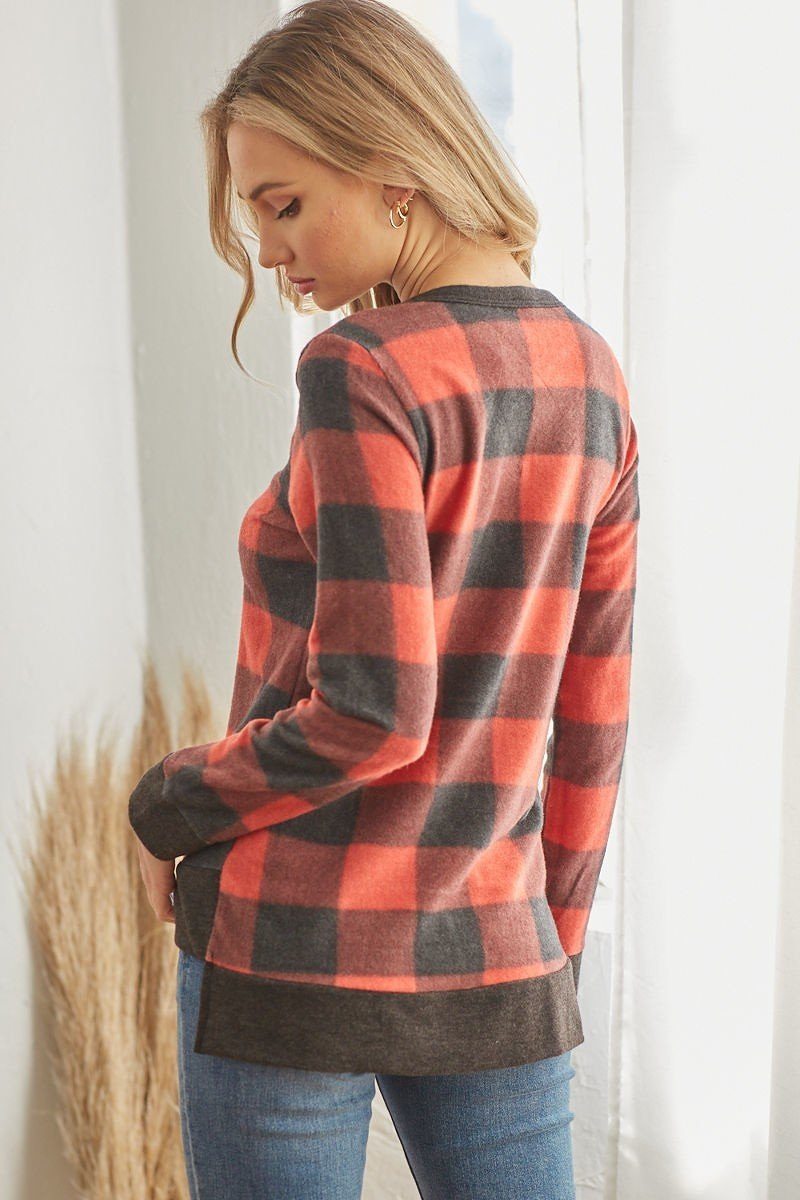 Plaid V-Neck Long Sleeve Top