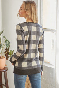 Plaid V-Neck Long Sleeve Top