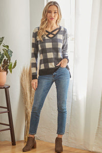 Plaid V-Neck Long Sleeve Top