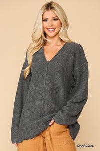 V-neck Solid Soft Sweater Top with Cut Edge