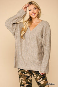 V-neck Solid Soft Sweater Top with Cut Edge