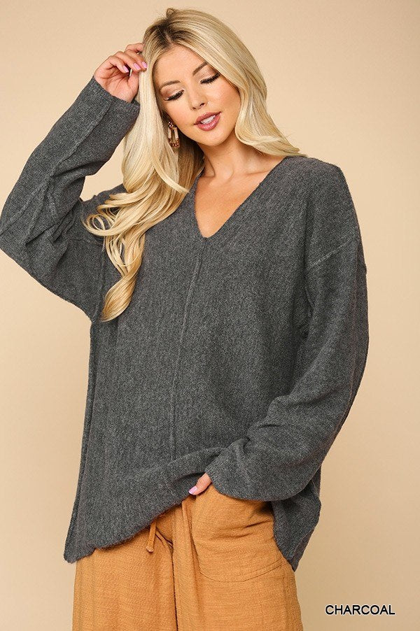 V-neck Solid Soft Sweater Top with Cut Edge