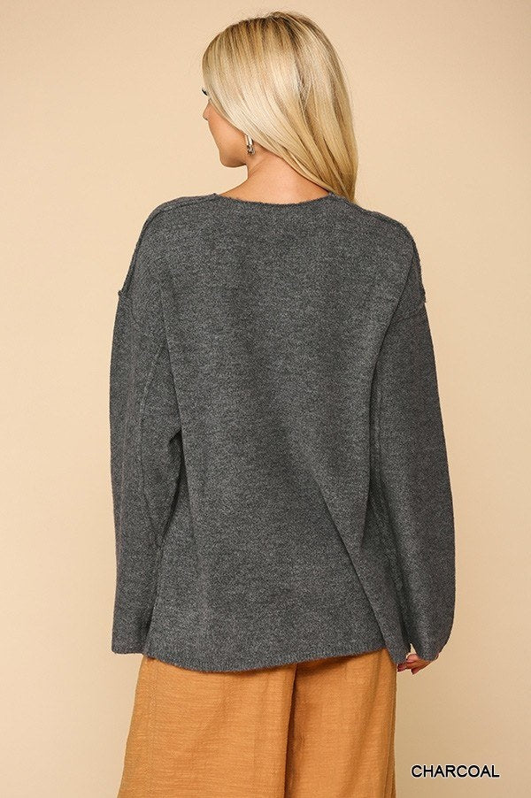 V-neck Solid Soft Sweater Top with Cut Edge