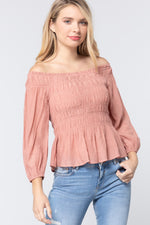 Load image into Gallery viewer, Off Shoulder Smocked Woven Top
