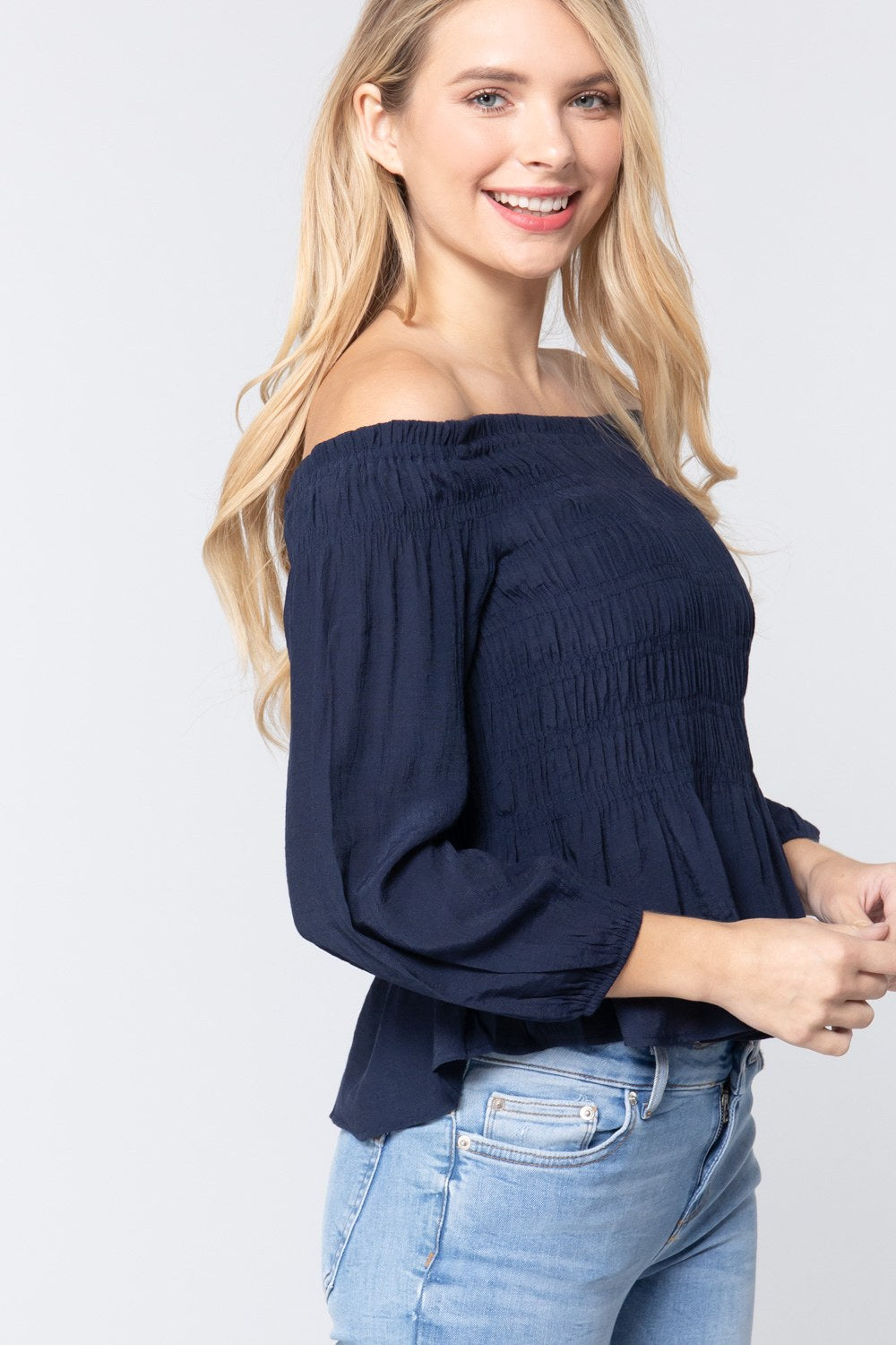 Off Shoulder Smocked Woven Top