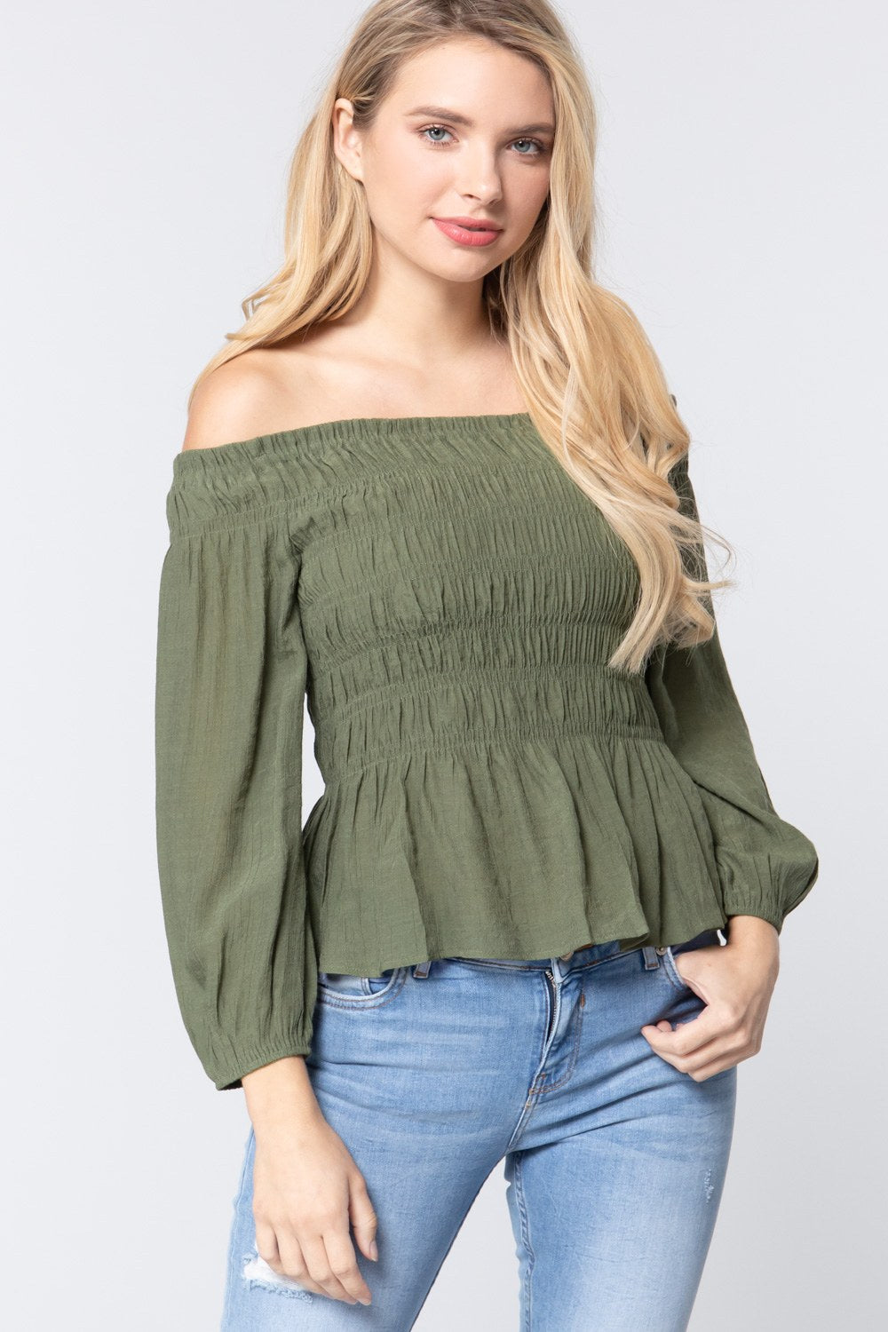 Off Shoulder Smocked Woven Top