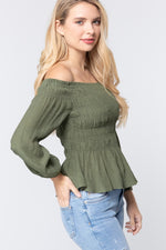 Load image into Gallery viewer, Off Shoulder Smocked Woven Top
