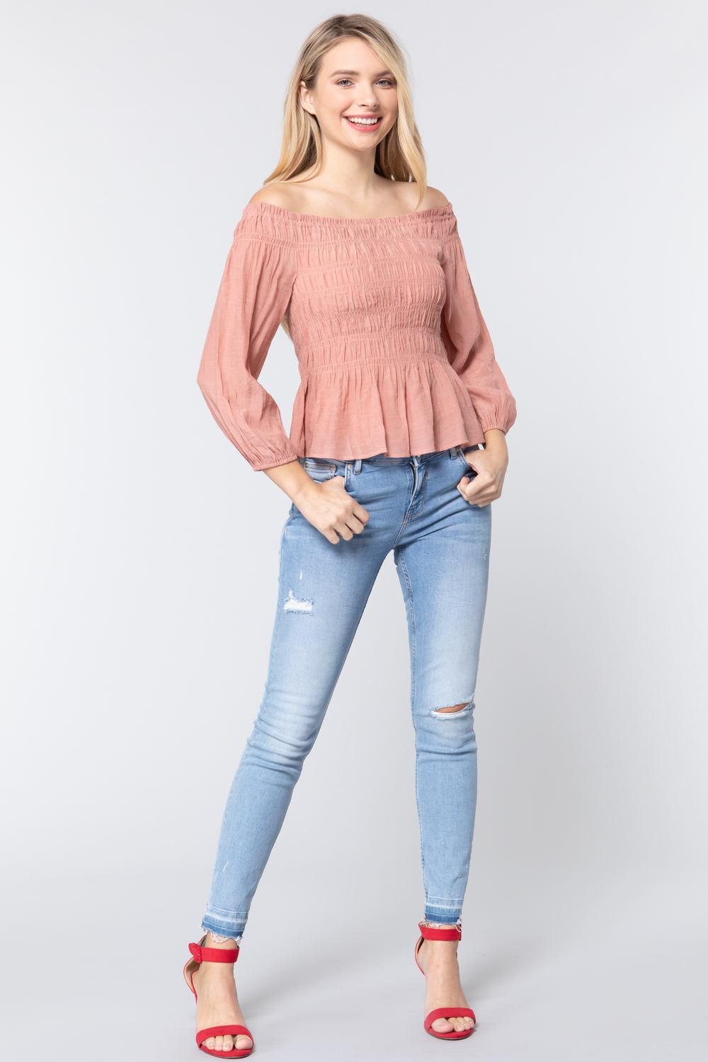 Off Shoulder Smocked Woven Top