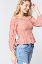 Load image into Gallery viewer, Off Shoulder Smocked Woven Top
