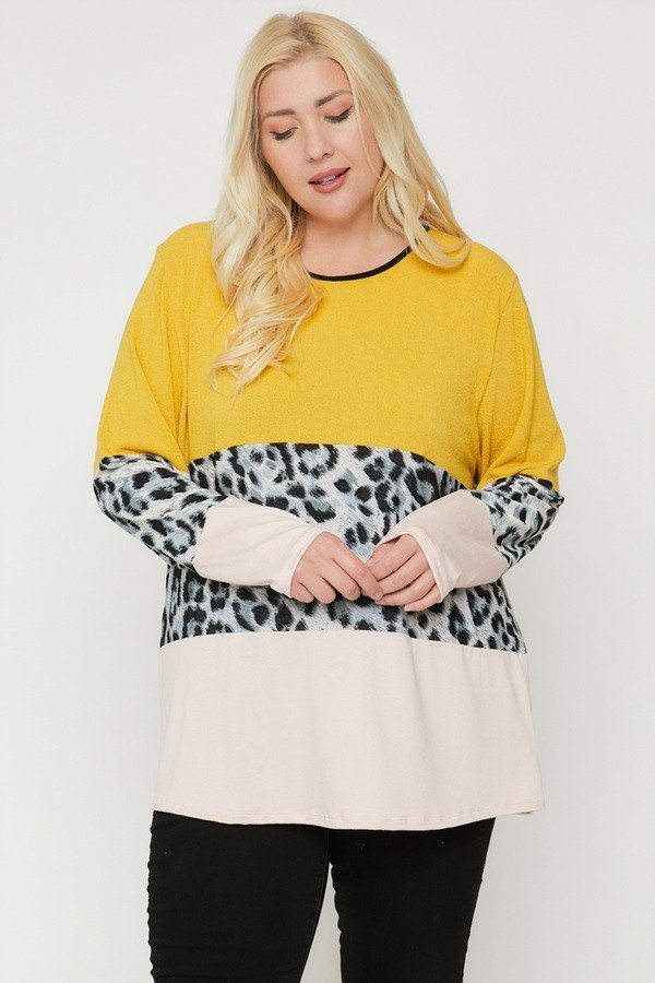 Plus Size Color Block Top Featuring A Leopard Print Top