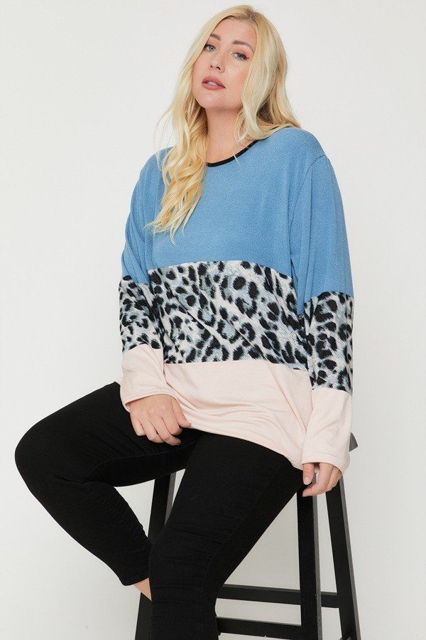 Plus Size Color Block Top Featuring A Leopard Print Top