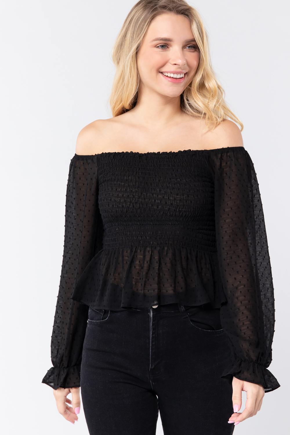 Off Shoulder Clip Dot Woven Top