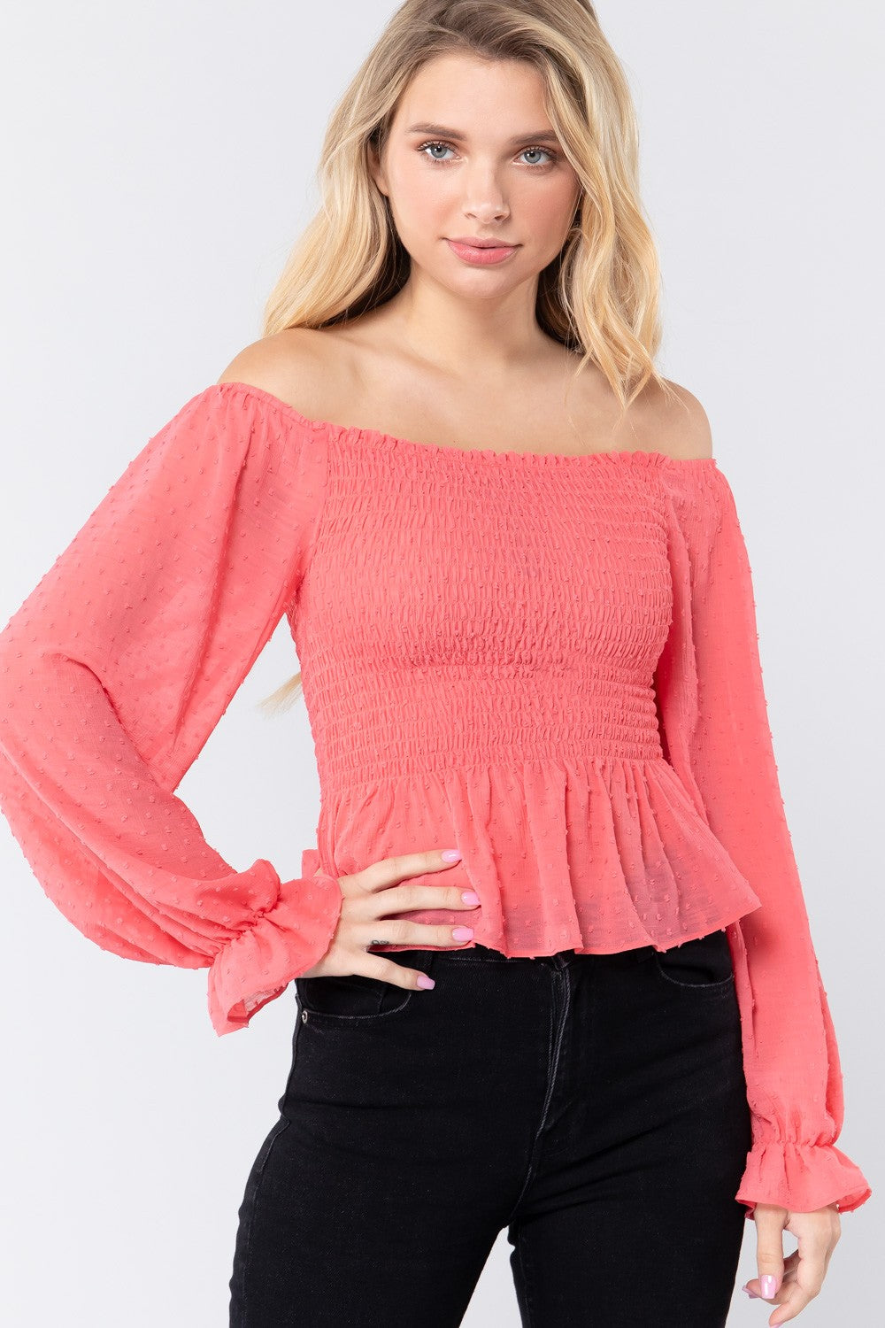 Off Shoulder Clip Dot Woven Top