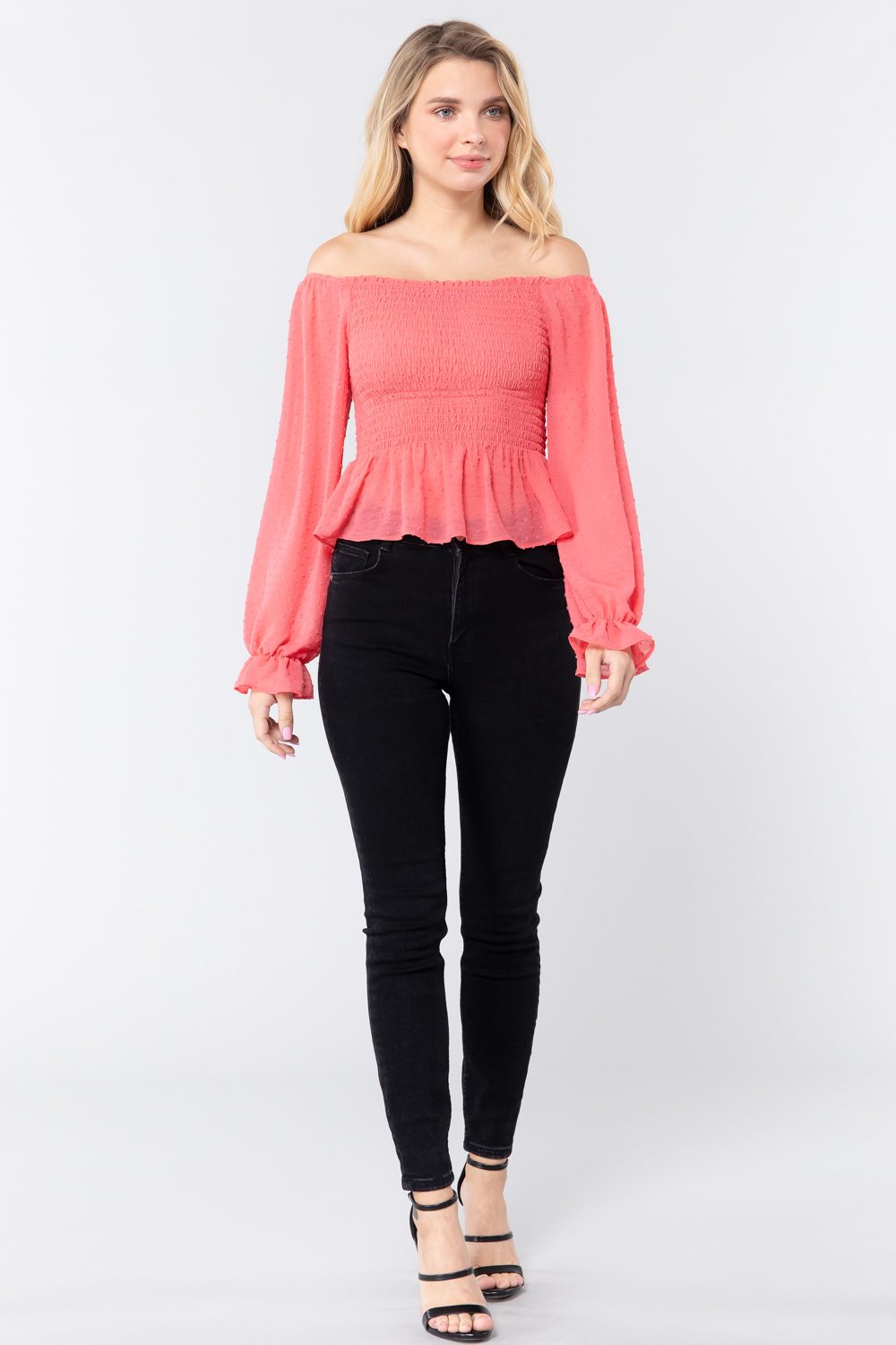 Off Shoulder Clip Dot Woven Top