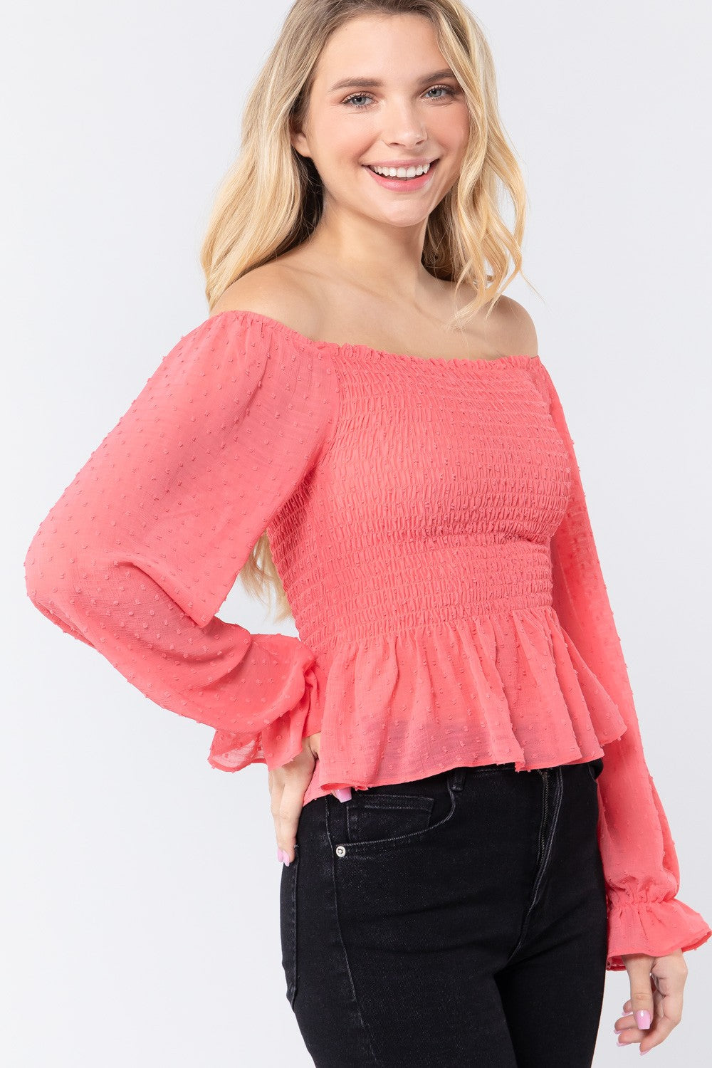 Off Shoulder Clip Dot Woven Top