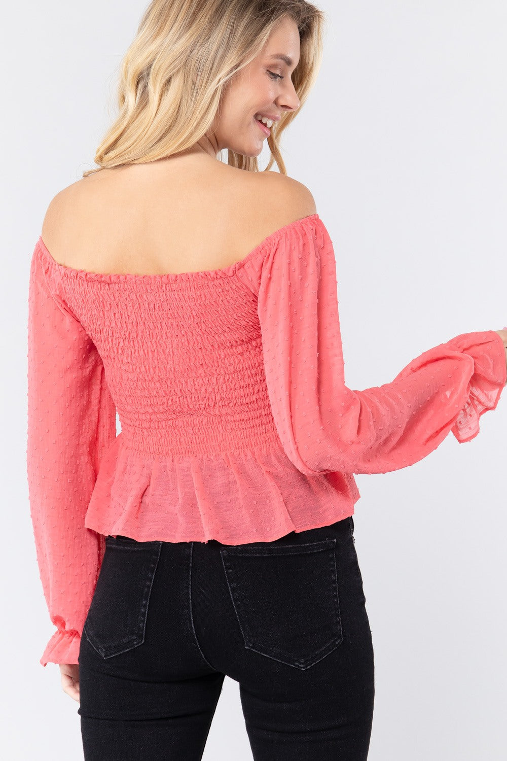 Off Shoulder Clip Dot Woven Top