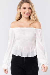 Off Shoulder Clip Dot Woven Top