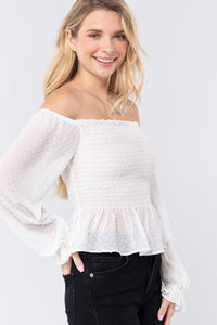 Off Shoulder Clip Dot Woven Top