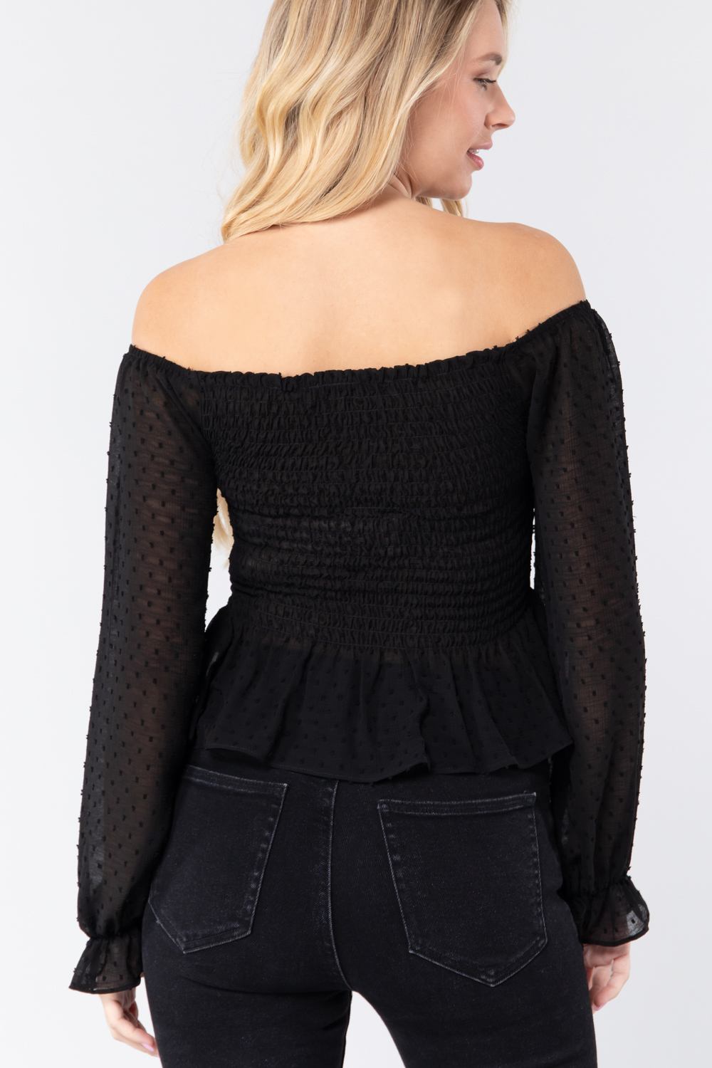 Off Shoulder Clip Dot Woven Top