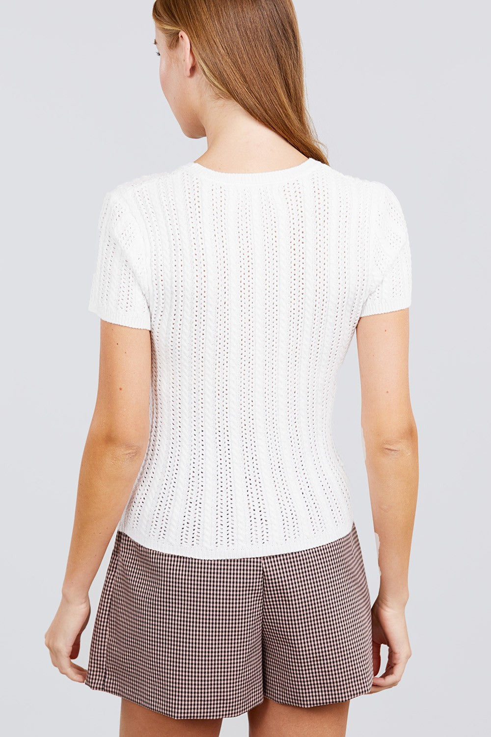 Short Slv Crew Neck Pointelle Sweater Top