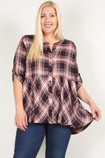 Load image into Gallery viewer, Plus Size Roll Sleeve Baby Doll Plaid Tunic Top
