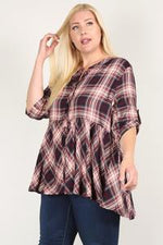 Load image into Gallery viewer, Plus Size Roll Sleeve Baby Doll Plaid Tunic Top
