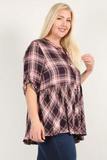 Load image into Gallery viewer, Plus Size Roll Sleeve Baby Doll Plaid Tunic Top
