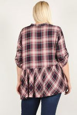 Load image into Gallery viewer, Plus Size Roll Sleeve Baby Doll Plaid Tunic Top
