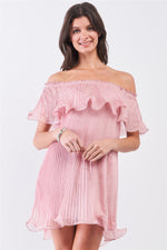 Load image into Gallery viewer, Pink Pleated Off-the-shoulder Double Layered Frill Trim Mini Dress
