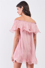 Load image into Gallery viewer, Pink Pleated Off-the-shoulder Double Layered Frill Trim Mini Dress
