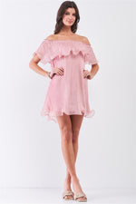 Load image into Gallery viewer, Pink Pleated Off-the-shoulder Double Layered Frill Trim Mini Dress
